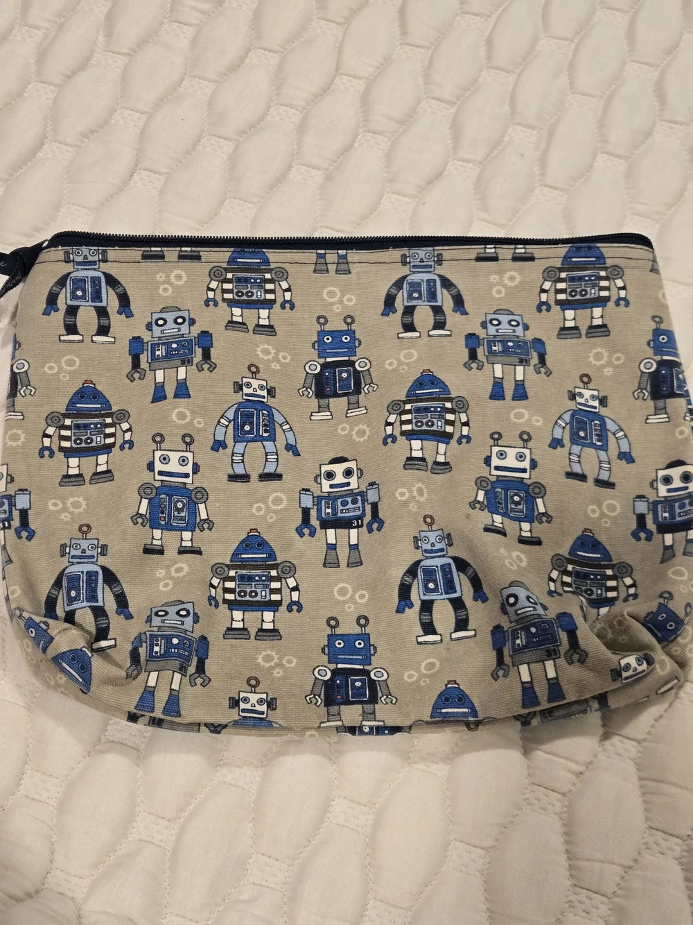 Thirty-one Clousure Pouch Bag Tan With Blue Robots Storage Make Up Organize